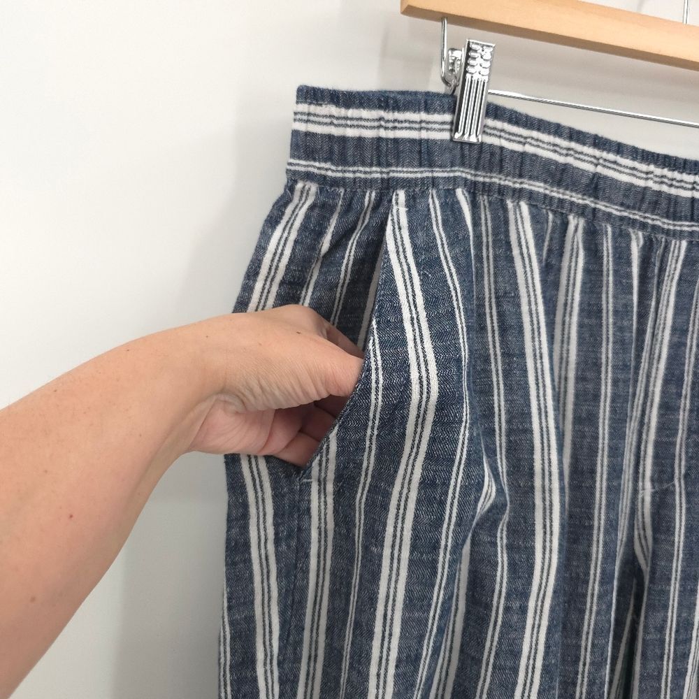 Old Navy Linen Cotton Wide Leg Pants Striped Pull-On Pockets Blue White Large - Picture 7 of 14
